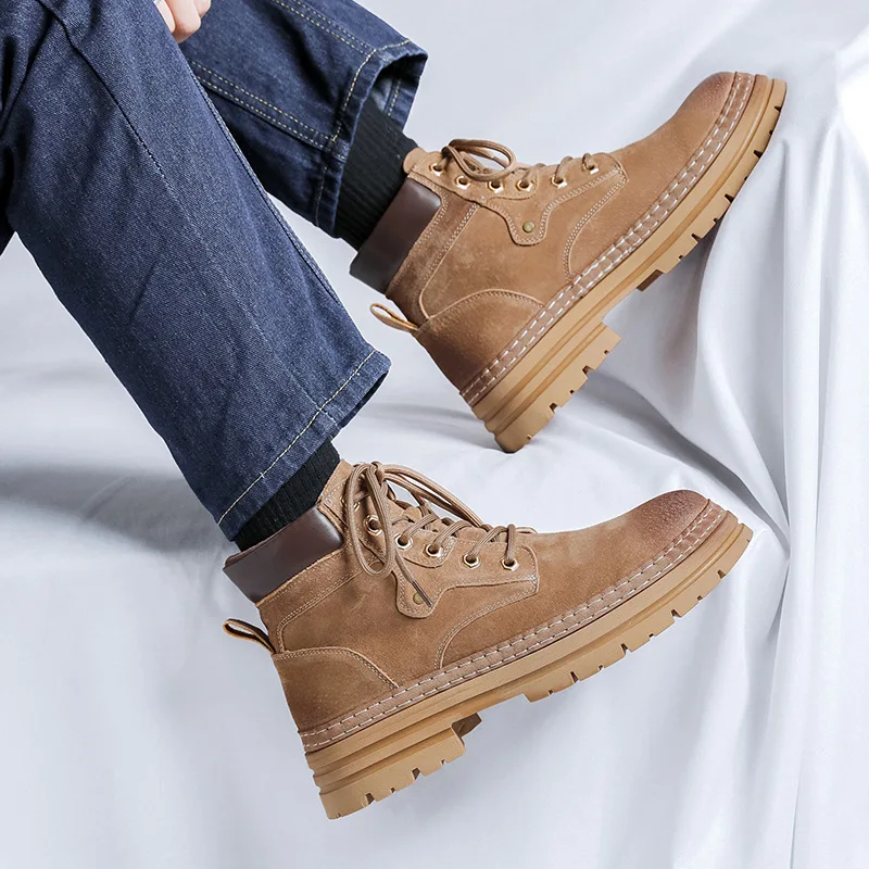 

mens casual outdoors desert boots lace-up cow suede leather shoes spring autumn cowboy ankle boot vintage tooling platform botas