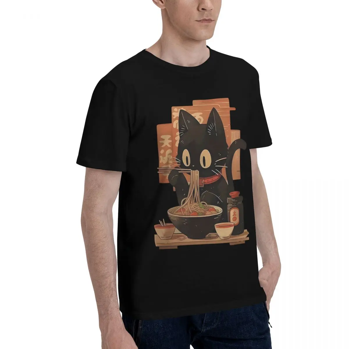 Sports Cute Cat Ramen Feast Top tee Kemp Top Quality High grade Activity competition USA Size