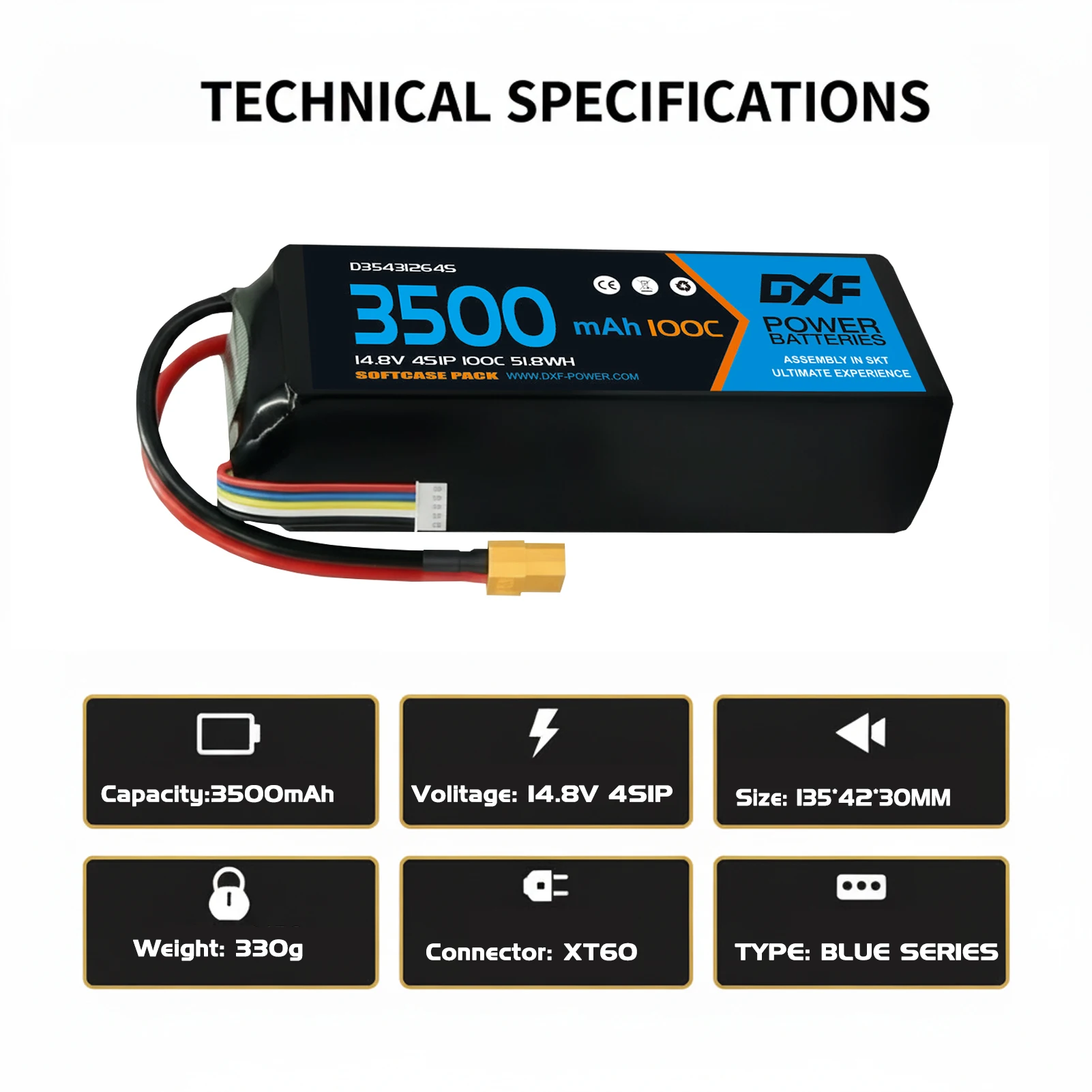 DXF Lipo Battery 4S 14.8V 3500mAh 100C XT60 for RC 1/8 1/10 Car Truck Tank RC Models XXMAX 8S Arrama 8S High Quality Power
