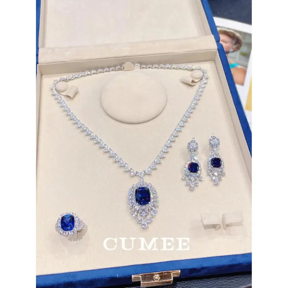 

CUMEE New Love Chain Luxury Royal Blue Cultivated Synthetic Blue Gemstone Necklace Ring Women Silver Gold-plated Necklace