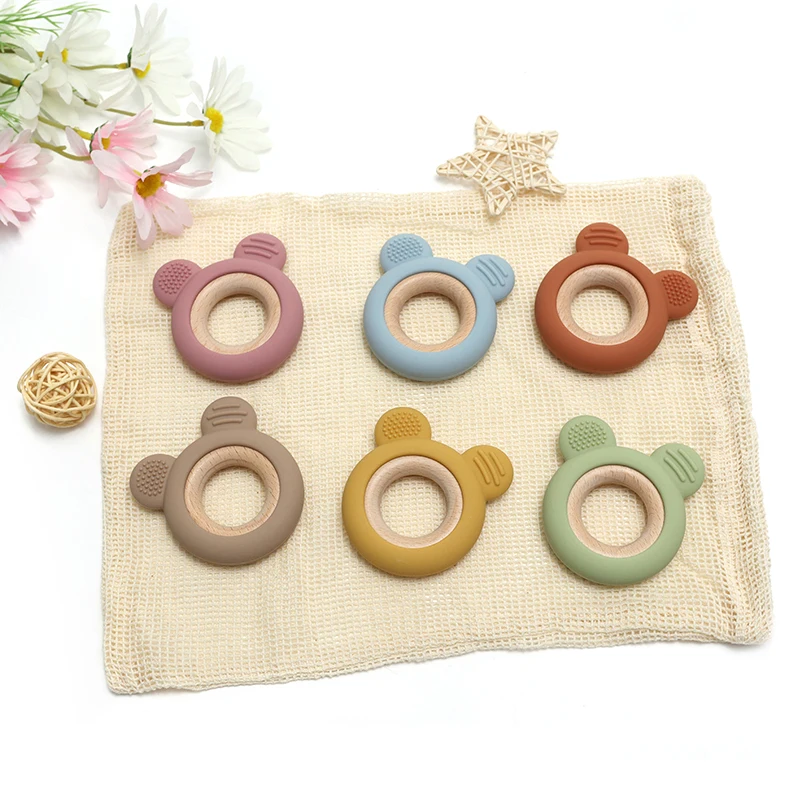 1PC Wooden Ring Teether Toy Newborn Nursing Teething Toys Fidget Toys Silicone Children Cute Chewing Toy Baby Accessories