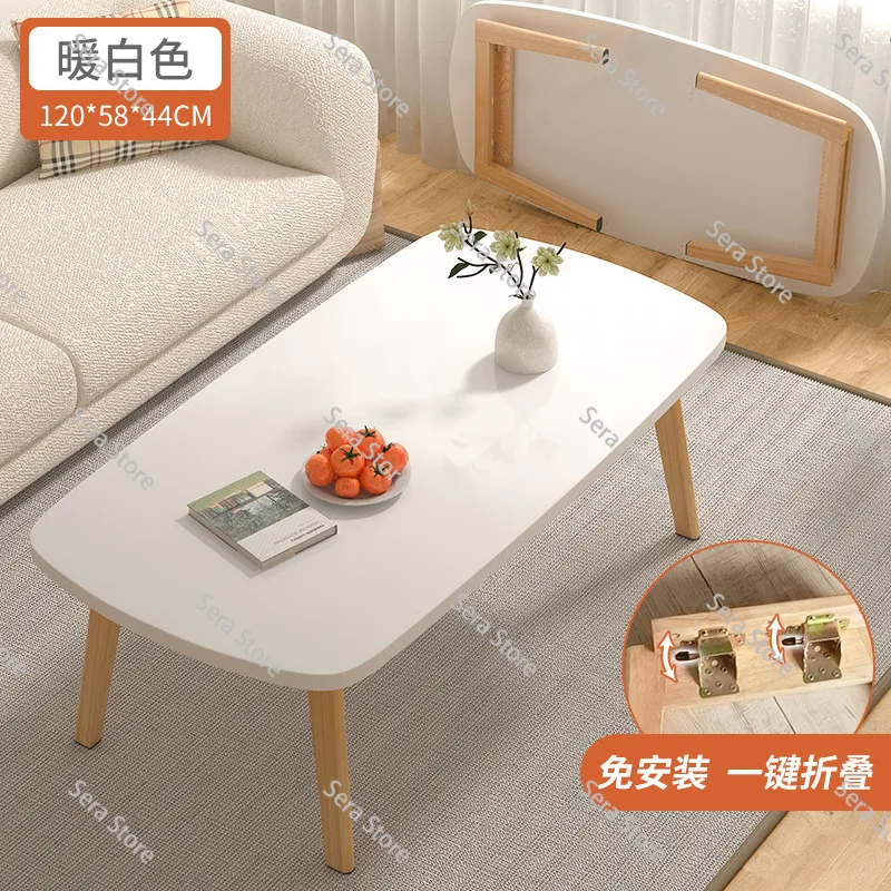 和風折りたたみコーヒーテーブル-小さなアパートのリビングルーム用-厚みのある木製脚-組み立て不要-ローティーテーブル-インス風ソファ