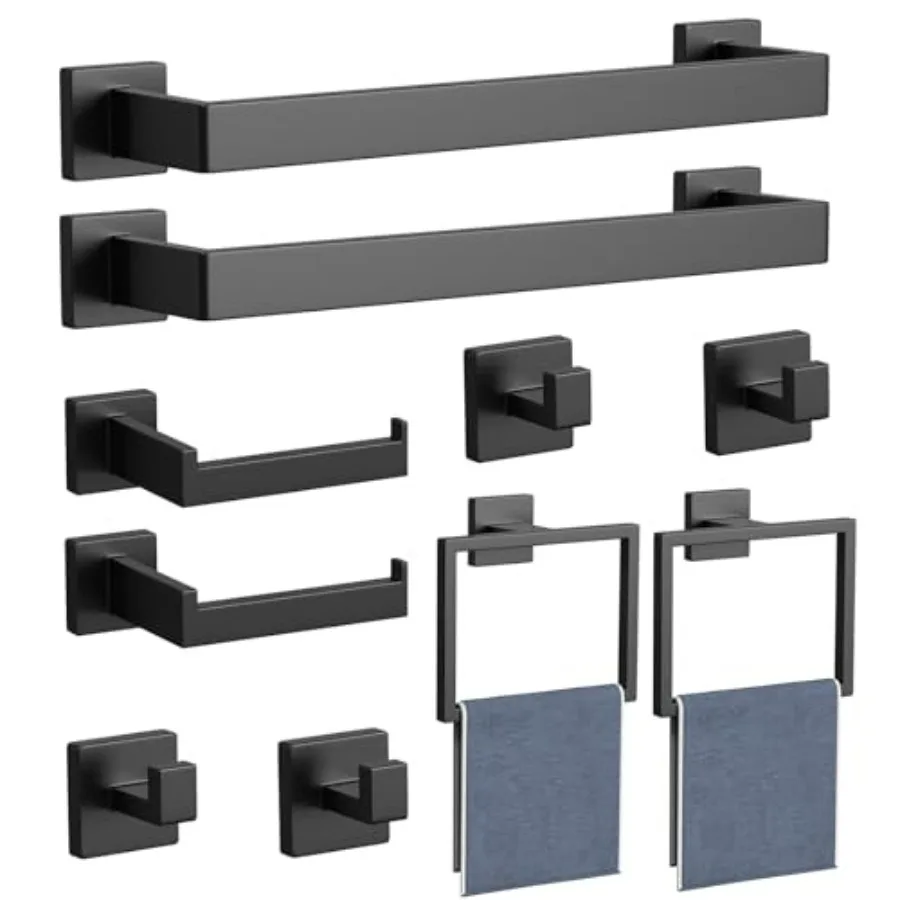 

Bathroom wall-mounted accessories set: matte black finish, SUS 304 stainless steel, 10-piece including 16-inch towel bar and ho