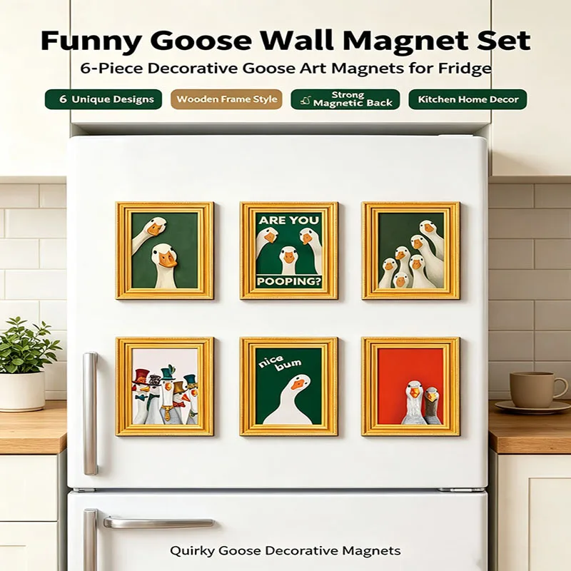 Novelty Goofy Goose Fridge Magnets, Golden Wooden Frame Magnetic Sticker, Funny Decor for Kitchen Cabinet Locker