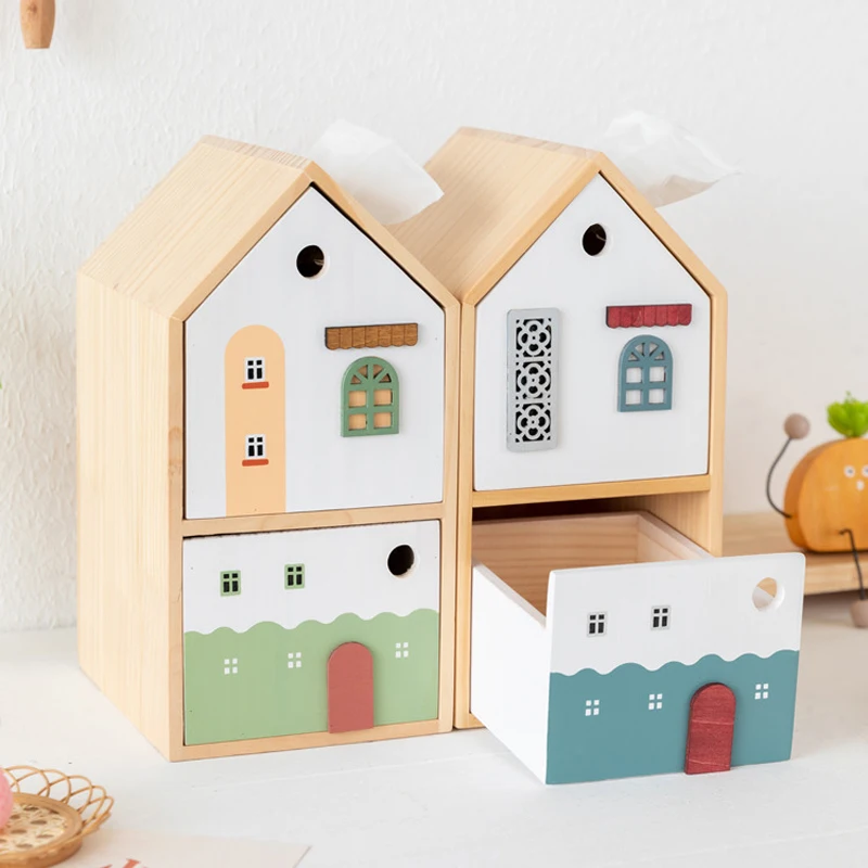 Nordic House-Shaped Tissue Box, Multi-functional Double-Layer Drawer, Storage Box, Handmade Wooden, Cartoon House Ornaments