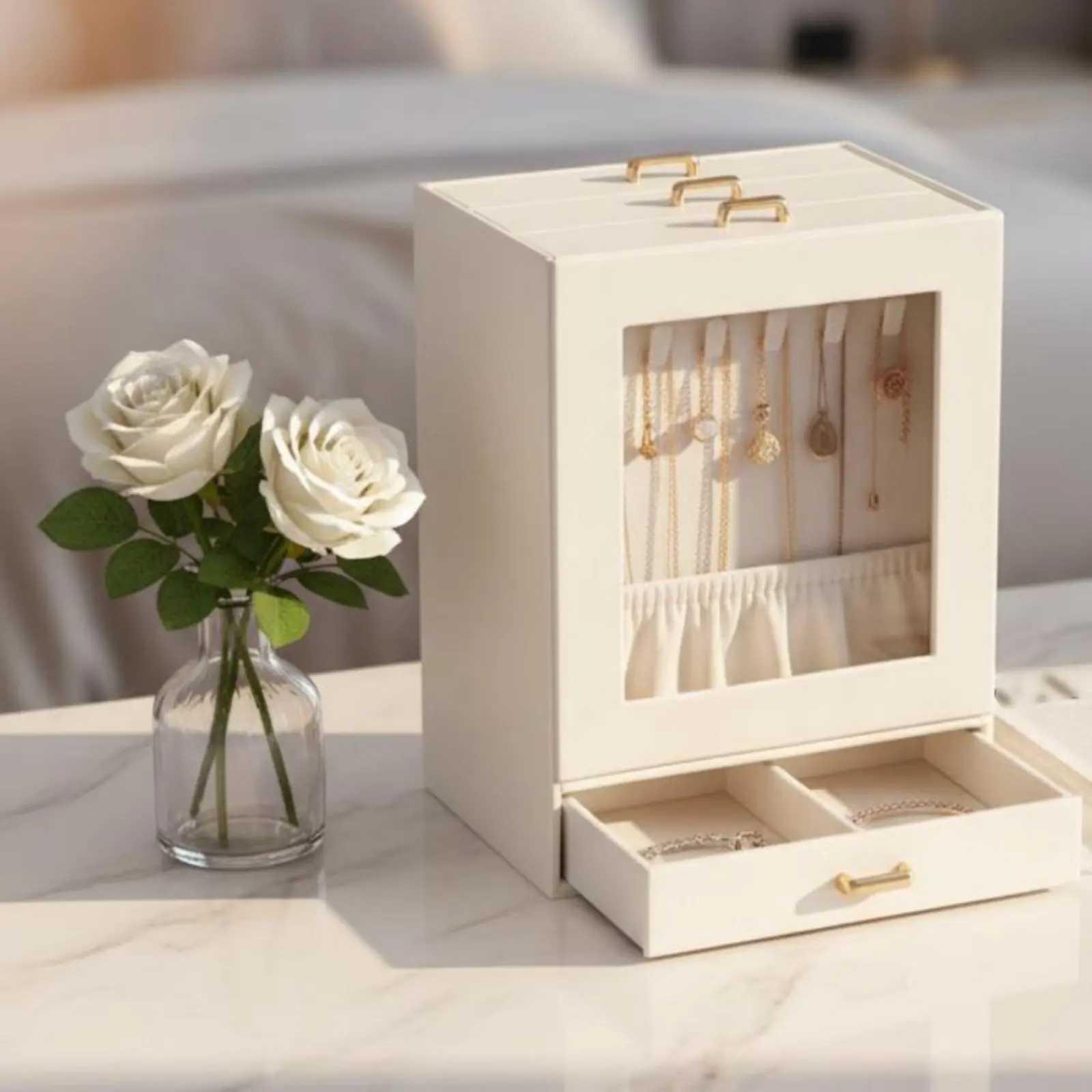 Multi-Tier Jewelry Box Perfect Gift Clear Window Jewelry Box Multi-Compartment Storage Tray Soft Soft Textile Lining for Women