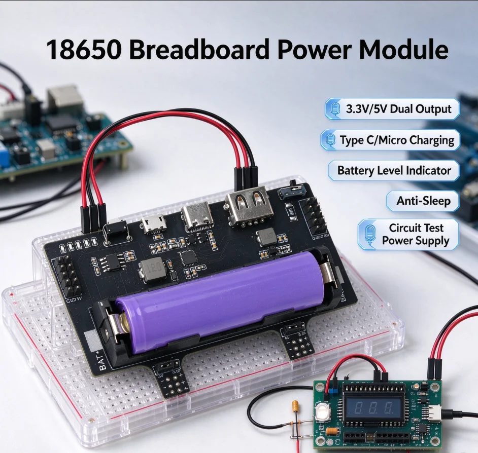 New 18650 Breadboard Power Module 3.3V/5V Dual Output Converter LED Battery Level Indicator Power Supply for Circuit