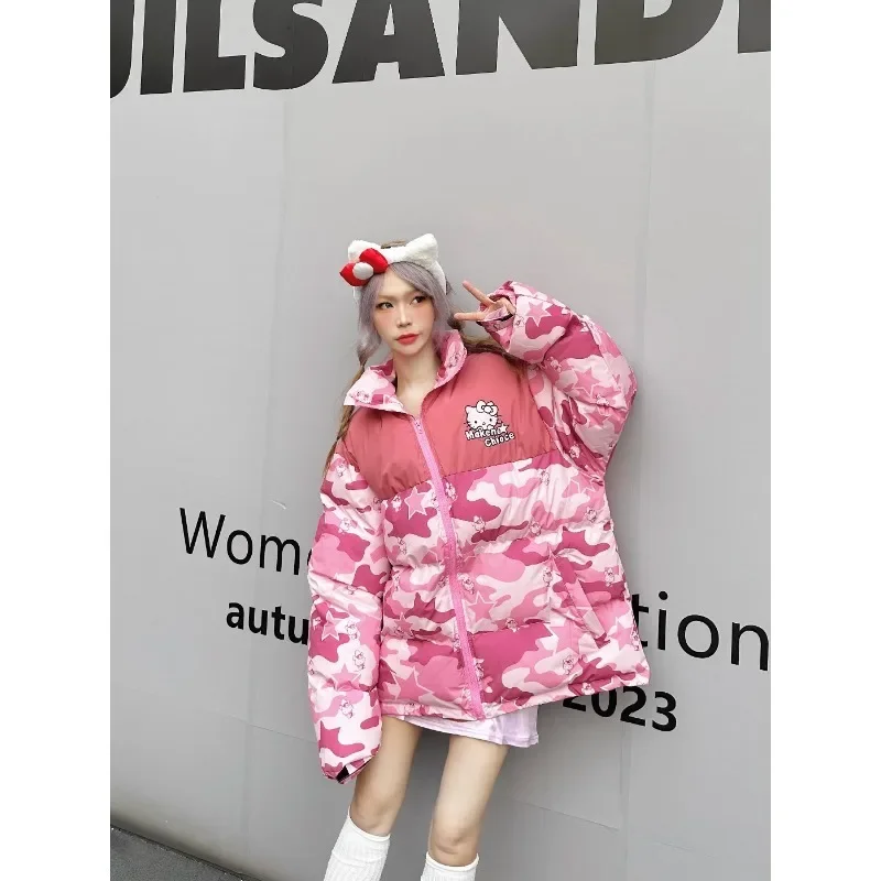 Sanrio Hello Kitty Clothes New Star Amercian Style Loose Autumn Winter Cotton Padded Jackets Women Camouflage Trendy Coat Couple