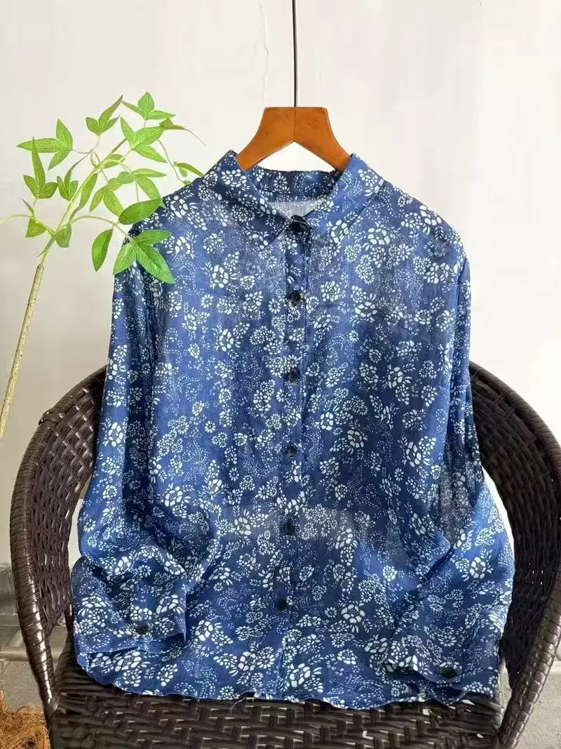 Fall clothes 2026 women Japanese retro cotton linen shirts and blouses ramie long sleeve floral tops linen women\'s clothing