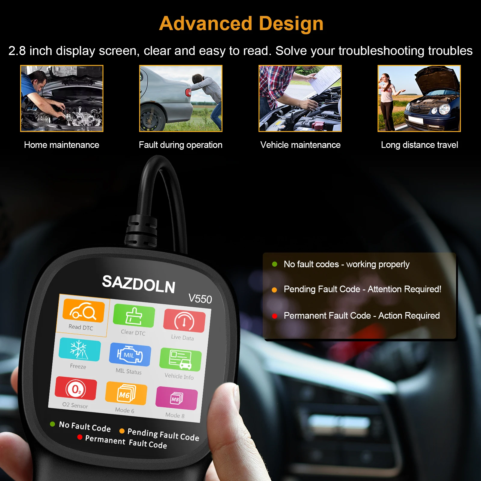 أداة تشخيص السيارة لـ SAZDOLN V550 12 فولت Obd2 الماسح الضوئي سيارة دراجة نارية واضح خطأ قارئ رمز البطارية اختبار الضباب الدخاني تحقق تقرير EOBD