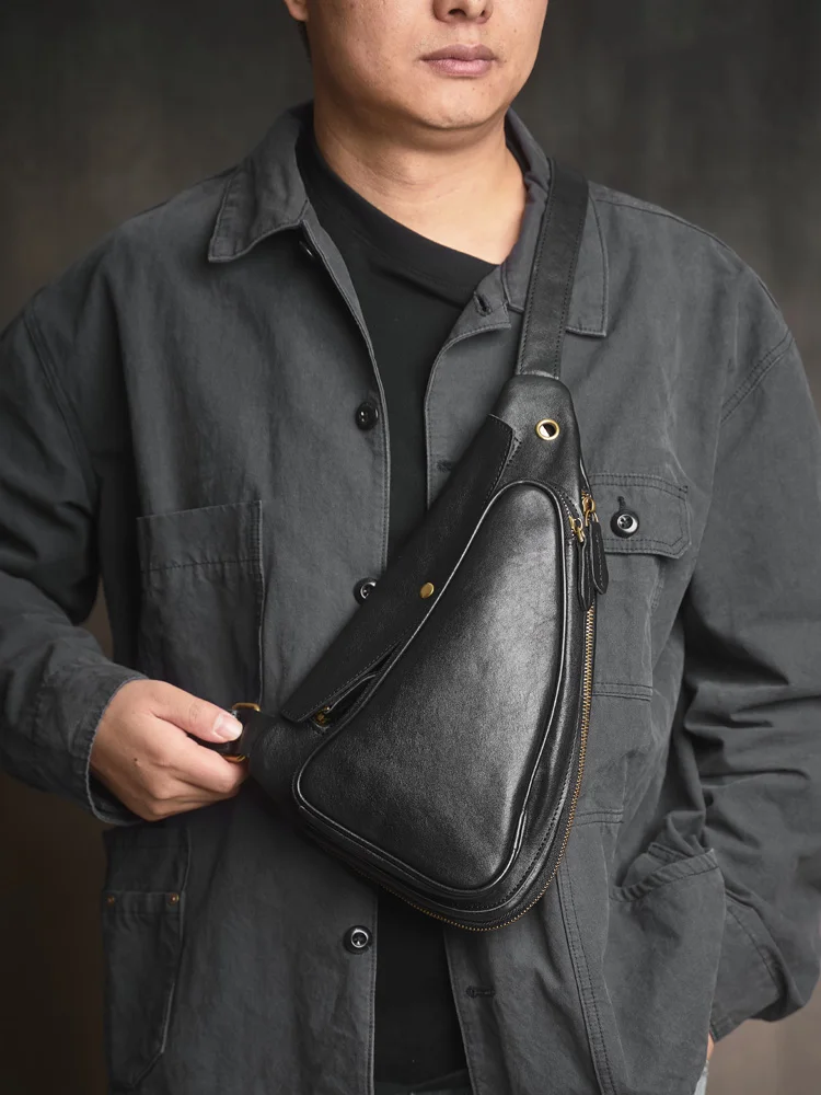 NUPUGOO – Echte Leder-Vintage-Brusttasche für Herren, als Umhängetasche oder Schultertasche tragbar, hochwertiges Leder, multifunktionaler Reißverschluss für 9,7-Zoll-Geräte. – Detail 25