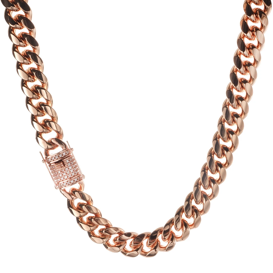 Granny Chic Curb Cuban Link Chain Necklace for Men Women, Rose Gold Tone Stainless Steel Jewelry with Bling CZ Clasp, 10mm/14mm