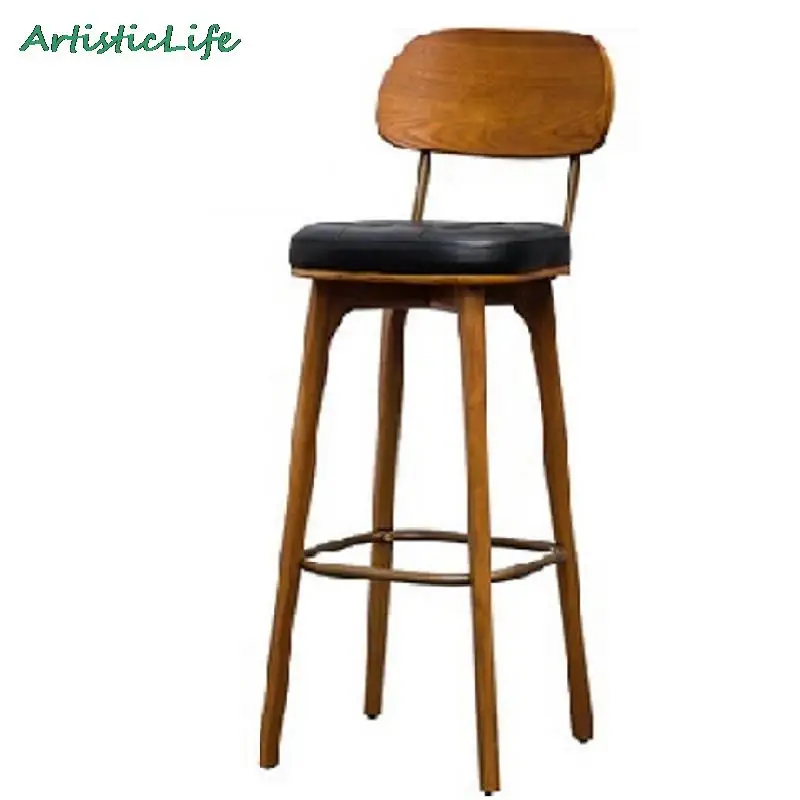 ArtisticLife Retro Solid Wood Backrest Bar Stool Wrought High Stool Industrial Style Front Desk Cashier Commercial High Chair