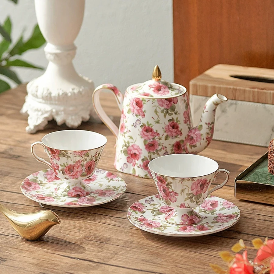 

Nordic Rose Design Coffee Cup Set,Heat-resistant ceramic Creative Flower Teaware Light Luxury Golden Edge Tea cup and Teapot Set