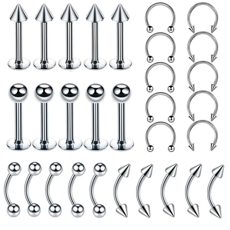 Stainless Steel Mix Body Piercing Lot Tongue Ring Bulk Eyebrow Piercing Pack Horseshoe Nose Ring Set Tragus Helix Earring Daith