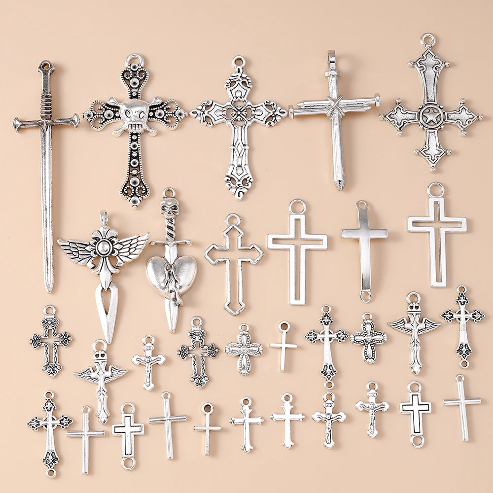 Leslie 10/20/30 pçs steampunk cruz encantos para brincos colar jóias fazendo cor prata gótico cruzes pingente diy fornecimento