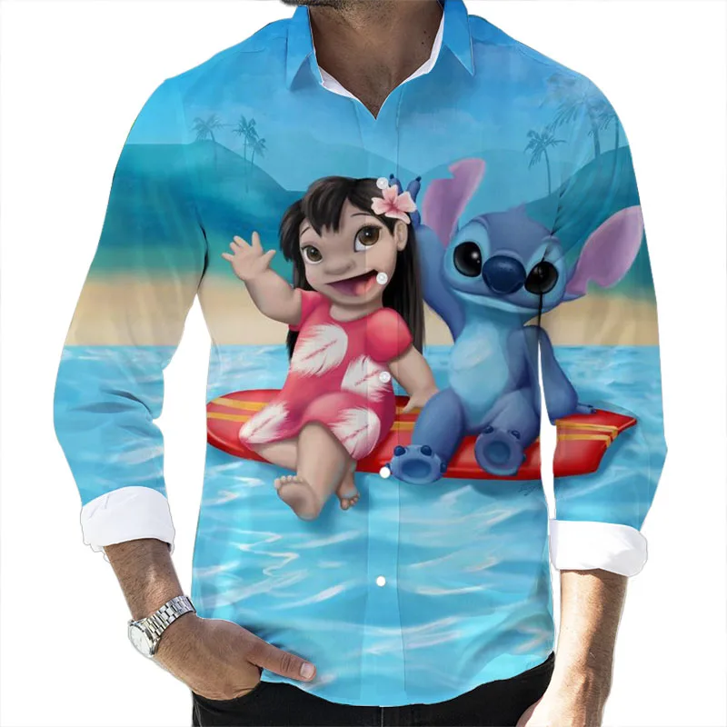 Lilo and Stitch Cartoon 2024 Spring Harajuku New Fashion Casual 3D Printed Long Sleeve Lapel Shirt Slim Men's Top