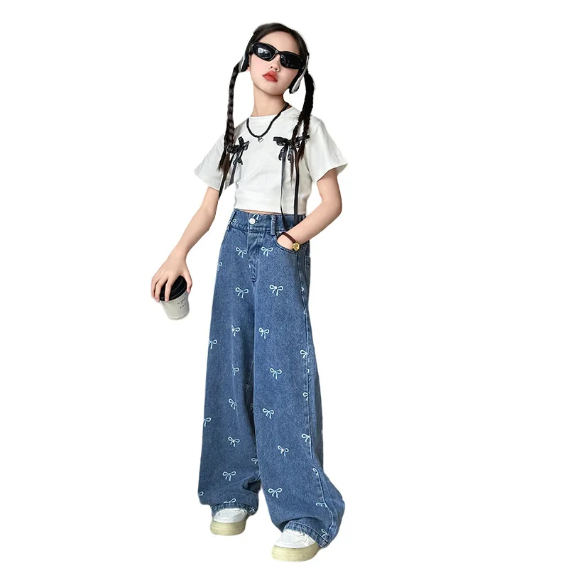 New Summer Girls Casual Style Jeans For Teenage Clothes Bow Print Denim Wide Leg Pants Spring Big Kids Straight Trousers 5-16Y