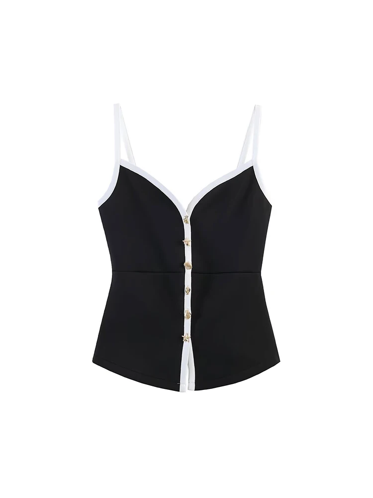 New Summer Sling Top For Women Fashion Color Blocked Sleeveless V-neck Strap Vest Summer Lady Chic Button Decor High Street Top