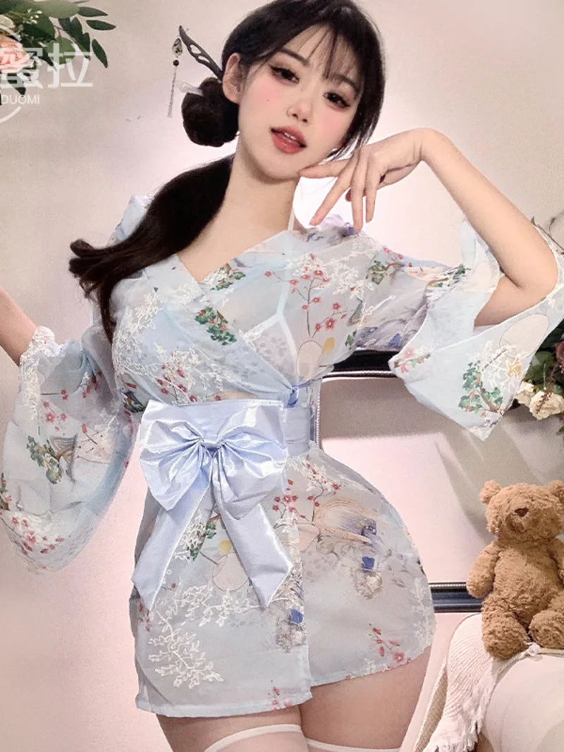 Summer Thin High Waist Thin Sweet Mini Dress Large Kimono Small Chest Underwear Uniform Dress Elegant Sweet 2024 New  KT23