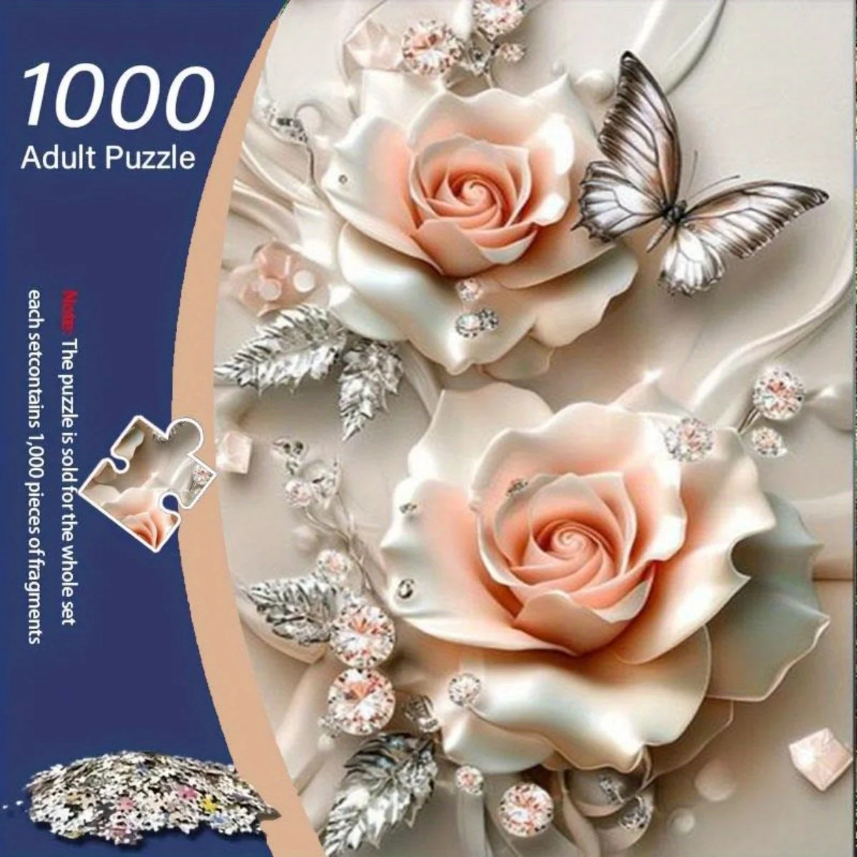 1000 قطعة من أحجية الورد ثلاثية الأبعاد مع فراشات فضية وبتلات وردية، الماس مزينة بحرفية رائعة للإغاثة إلى C #1