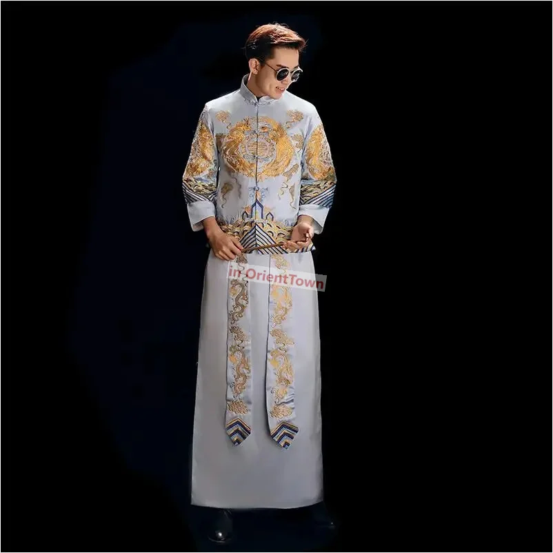 Men Show Blue Costume Royal Wedding Bridegroom Classic Cheongsam Chinese Style Long Robe Gown Stage Performance Toast Clothing