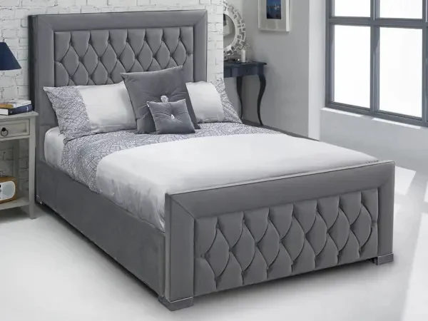 Dark Grey Velvet Fabric Italian Design Upholstered Ottoman Bed Fabric Queen Bed Frame With Tufted Headboard and Bedfoot for Sale
