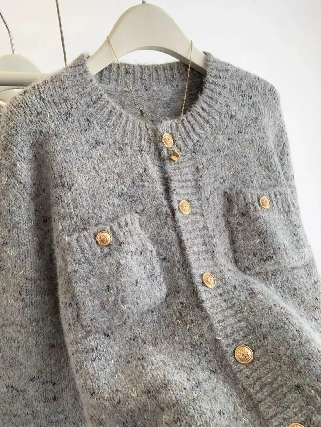 Knitted Cardigan Gold Button O Neck Gray Women\'S Simple Long Sleeve Sweater Jacket Autumn Spring Office Ladies Elegant Knitwear