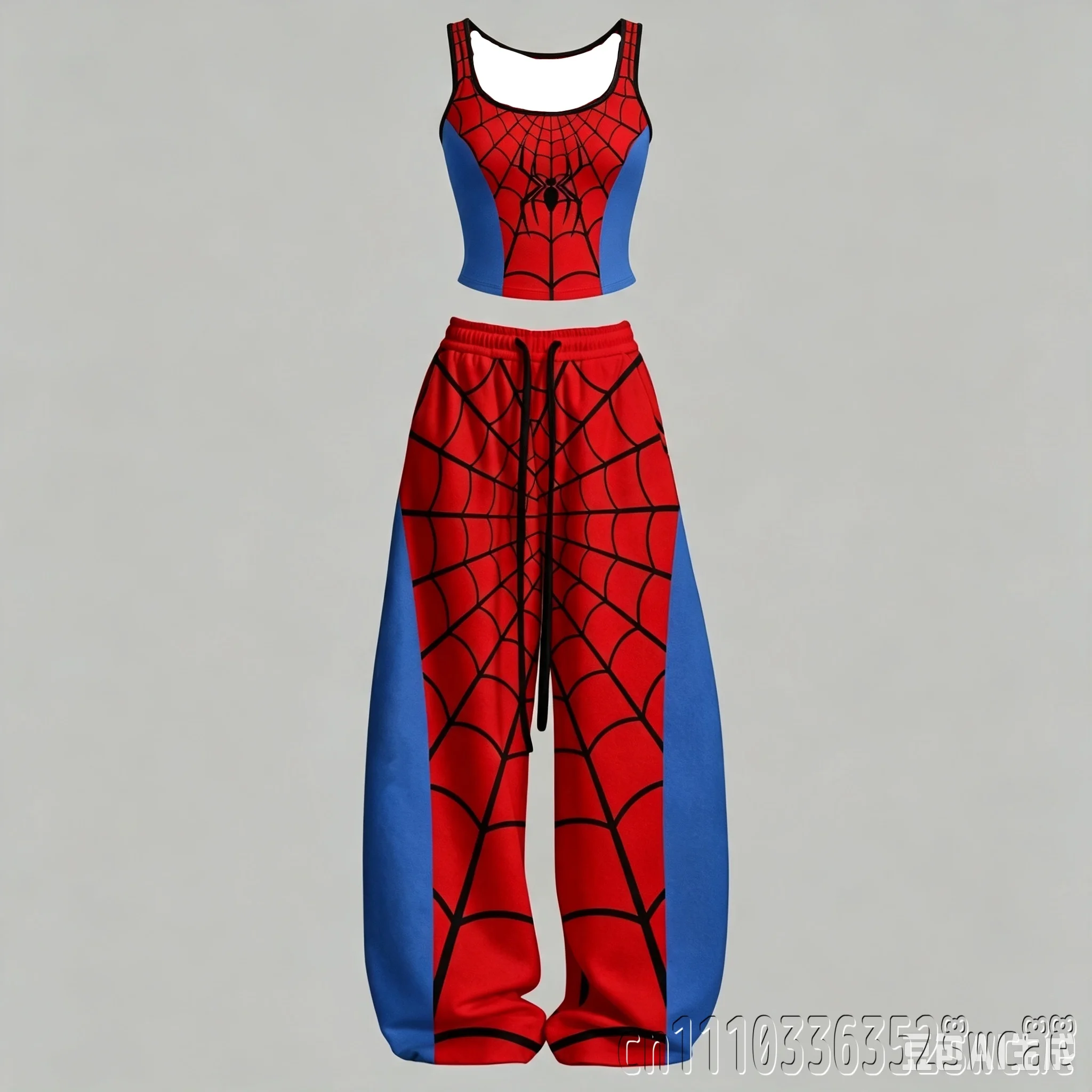 Image of 2026/27 Spinnennetz-Print Crop-Tanktop und Weitbein-Hosen-Set Lässiger Zweiteiler Trainingsanzug Hot Girl Streetwear Outfit für Familie K