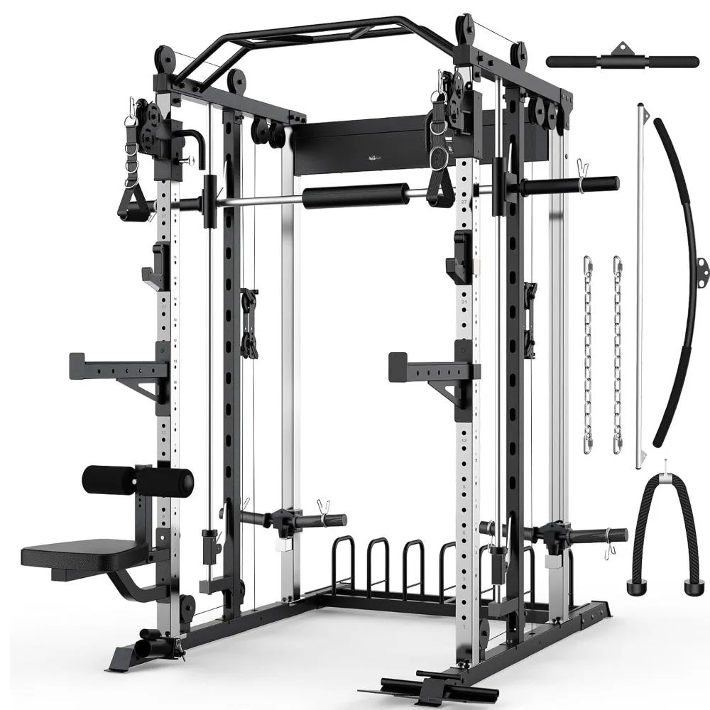 Customized Smith Machine Strength Training Rack with Squat Station Lat Pull-Down Systems And Cable Crossover Power Cage Bar