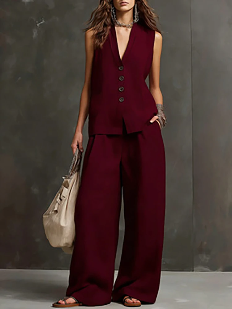 

Summer Women's Sleeveless Casual Style Linen Material 2026 New Fashionable V-neck Single Breasted Loose Pants Set