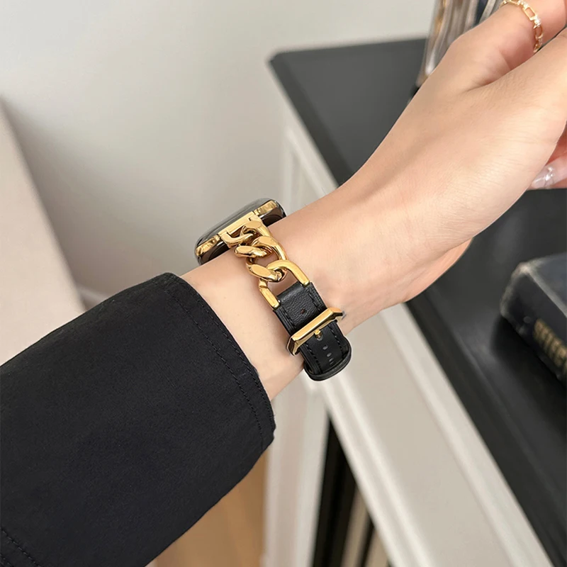 Leather Strap for Apple Watch 10 Band 46mm 42mm 44mm 40mm 41mm 45mm Women Stainless Steel bracelet iWatch Series 9 8 SE 7 6 Belt