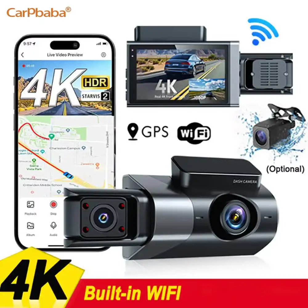 

4K Car DVR 2/3-Channel Front Inside Rear View Camera GPS WIFI Black Box Dash Cam For Cars Video Recorder Vehicle Car Accessories