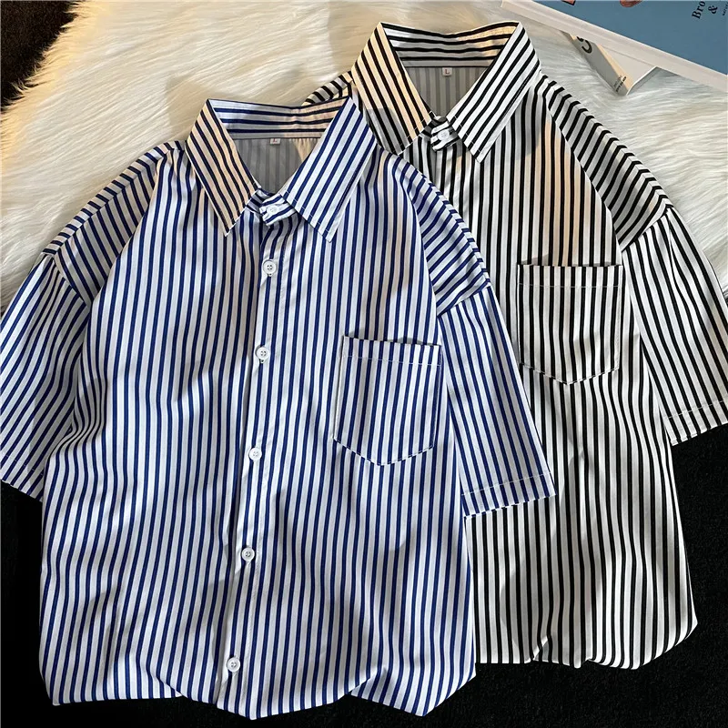 

2024 Summer New Fashion Men Lapel Casual Blouse Man Short Sleeve Stripe Shirt Male Oversize Loose Ice Silk Thin Shirts D438