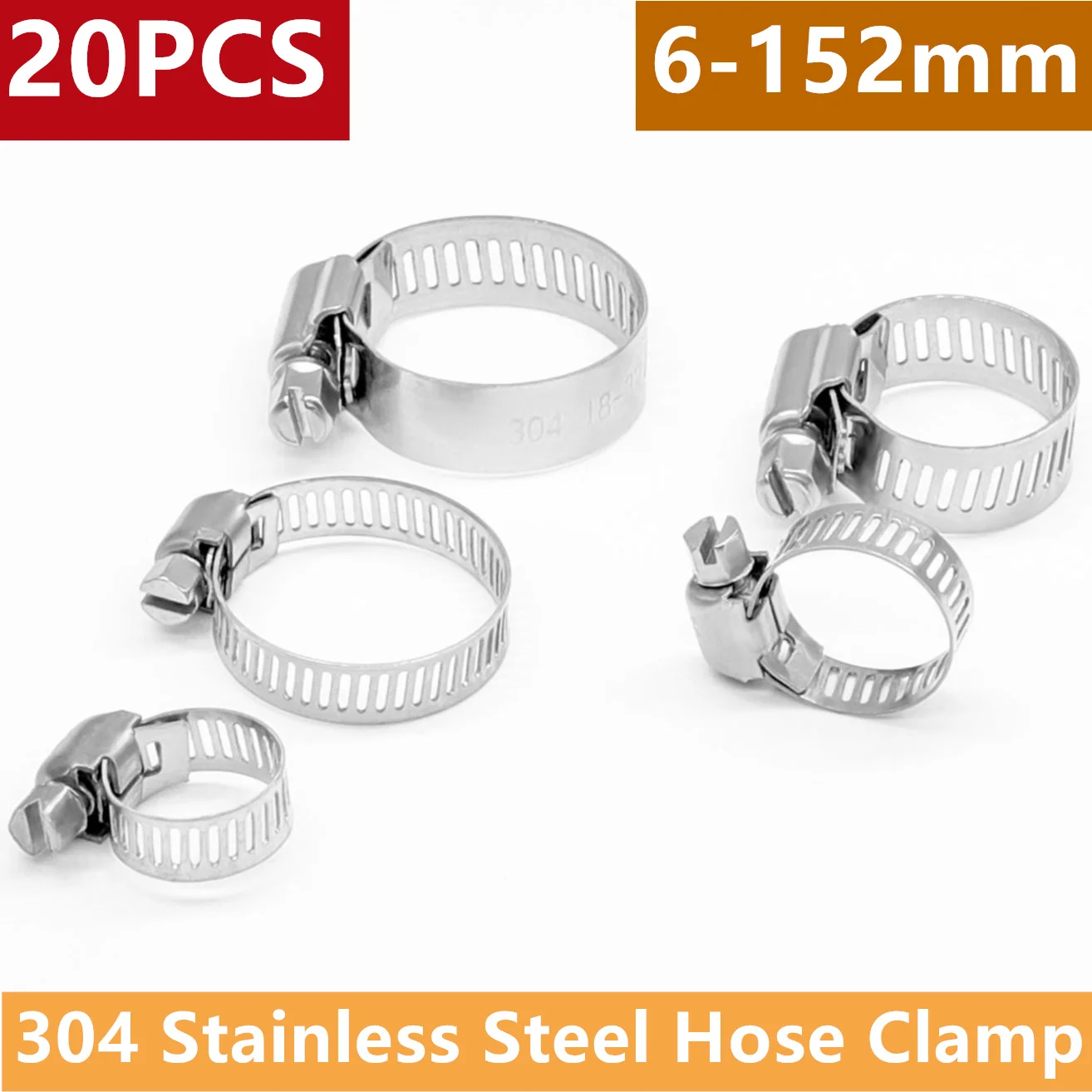 20pcs Worm Gear Hose Clamp Adjustable Car Fuel Tube Pipe Clamp 304 Stainless Steel Screw Band Hose Clip 6-152mm Pipes Fasteners