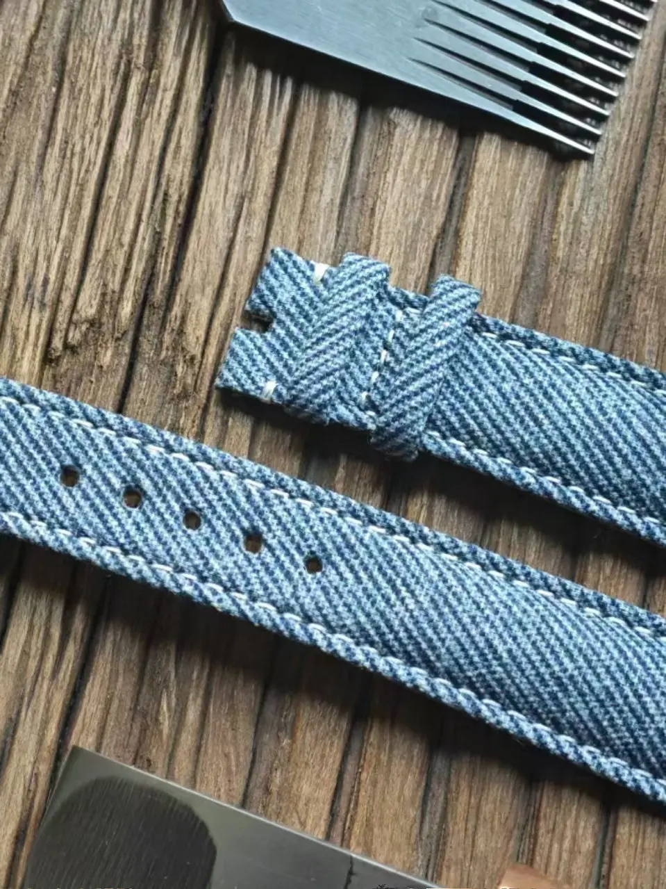 HANDMADE CUSTOM IMPORTED BLUE DENIM & PP FRENCH CALFSKIN, SIMPLE PIN BUCKLE WATCH STRAP
