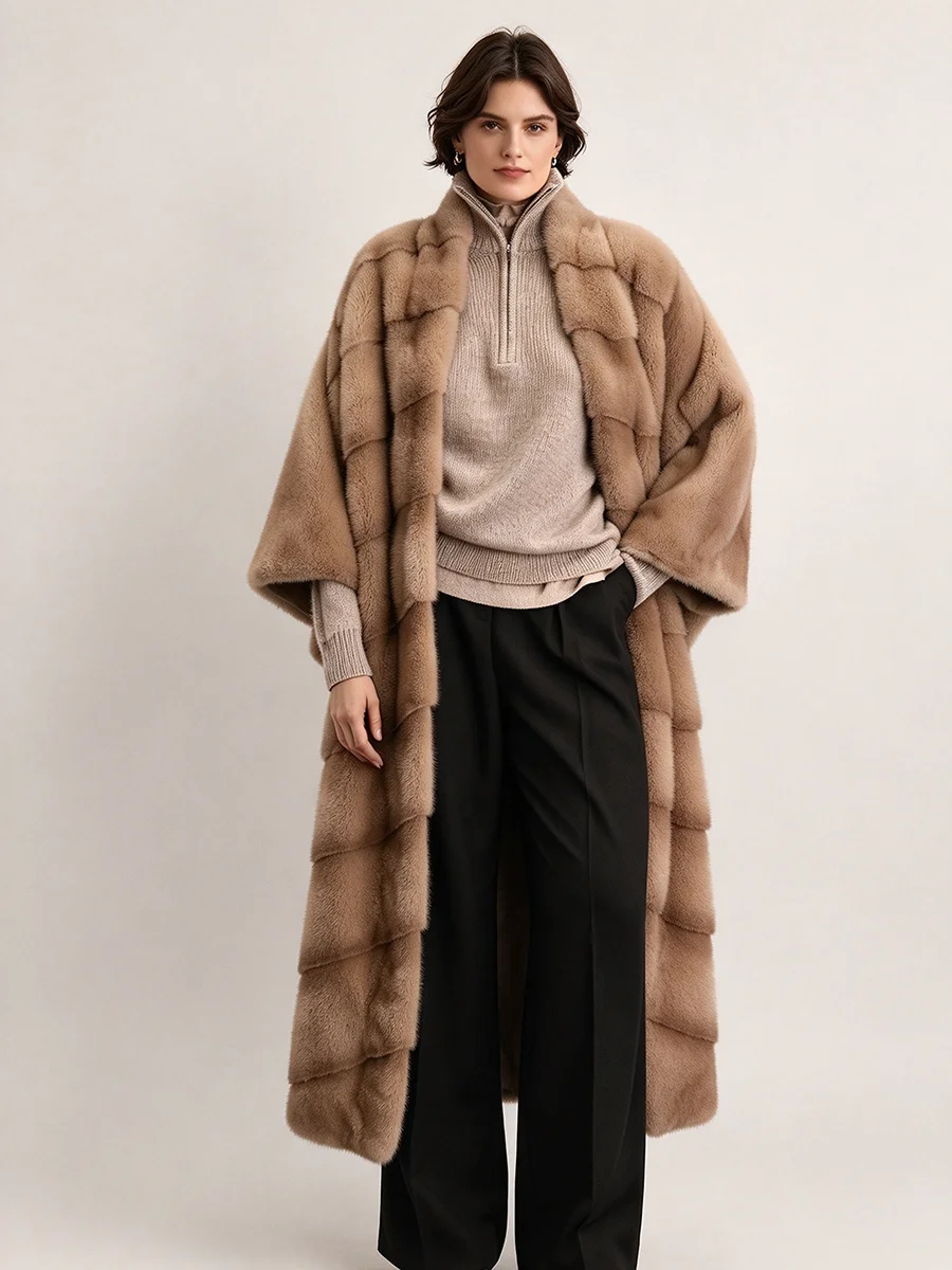 LIMO Women Long Faux Fur Cape Coat Stand Collar Striped Warm Winter Poncho