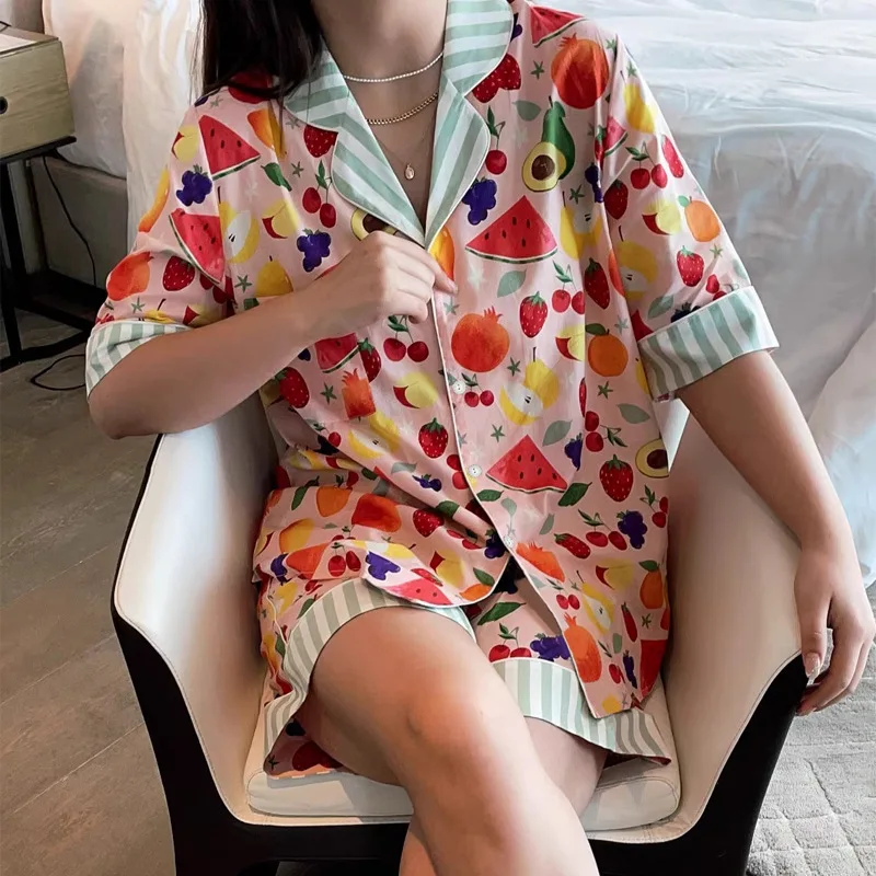 2024 Sweet Fruit Ice Silk Pajamas Suit Women's Summer New Printed Short Sleeve Top+Shorts Outwear Casual Home Clothes