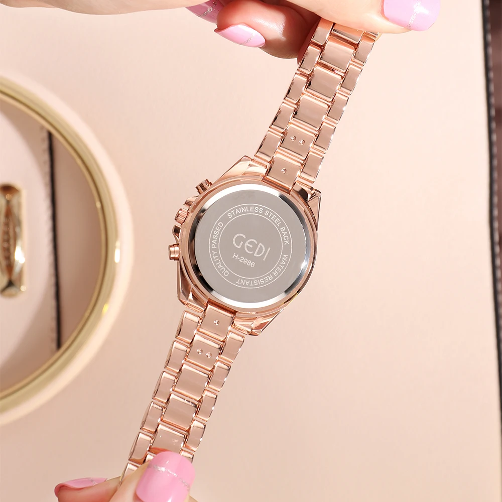 GEDI Luxury Rose Gold Women Quartz Watches Waterproof Stainless Steel Auto Date Ladies Wristwatch Business Dress Watch for Women