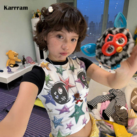 Karrram Japanese Y2k Anime Print T-shirt 2000s Style Kawaii Short Sleeve Crop Tops Vintage Harajuku Patchwork Tee Shirt Lolita