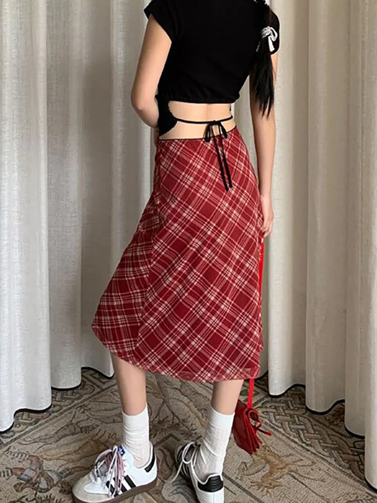 DEEOTOWN Y2k Plaid Long Skirt Low Waist Slim Women Streetwear Gyaru Mesh Patchwork Straight Maxi Skirt Autumn Fashion Girl