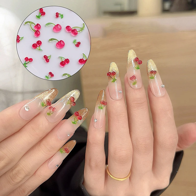 6/12Grids 3D Red Cherry Resin Nail Art Charms Fruits Crystal Rhinestone DIY Manicure Diamonds Nail Art Decals Decoration