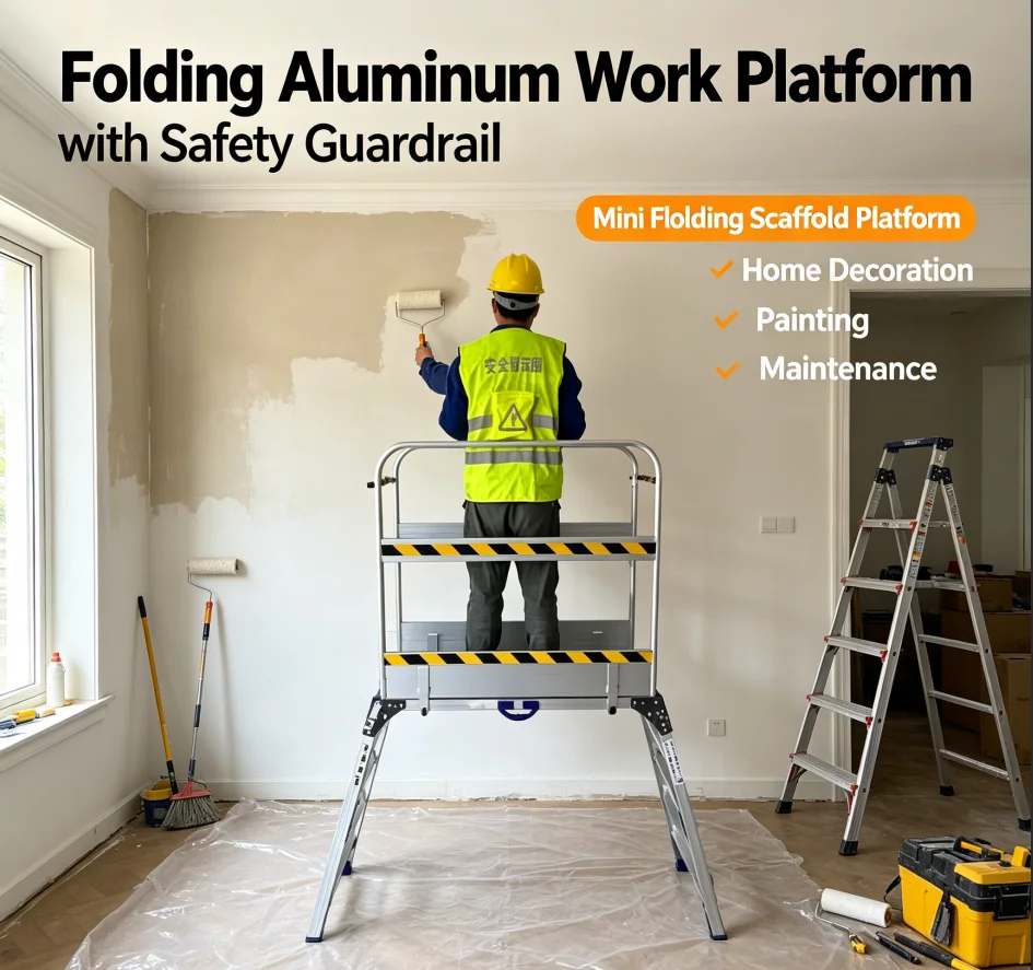 Foldable Aluminum Work Platform Safety Guardrail Mini Scaffold for Home Hotel Decoration Repair Portable Step Stool Tool