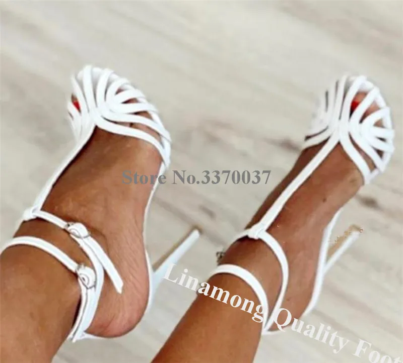 Thin Straps Caged Sandals Linamong Newest Round Toe Bands Cross T-straps Stiletto Heel Dress Shoes Party Wedding Heels