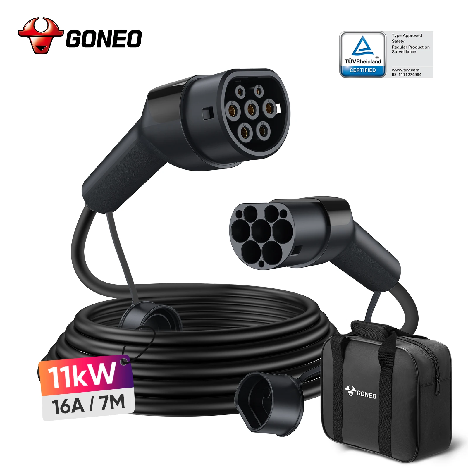 Type 2 EV-laadkabel 22KW/11KW/7.2KW voor EV/PHEV hybride, TÜV gecertificeerd, IP54 waterdicht, PA66+TPU brandwerend