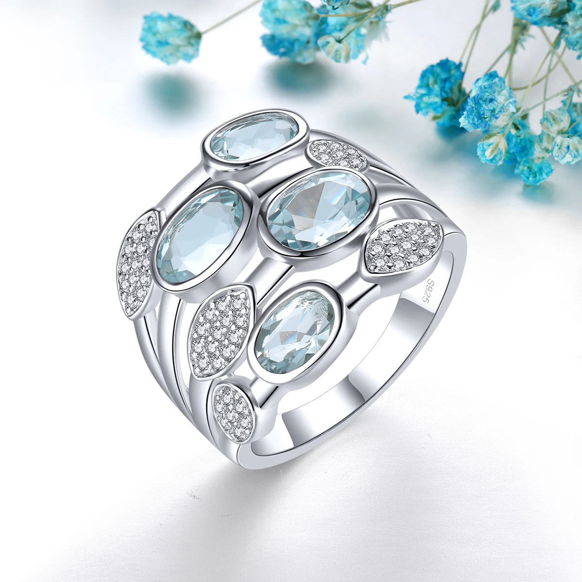 Natural Aquamarine Solid Sterling Silver Rings 2.2 Carats Genuine Light Blue Gemstone Romantic Unique Design S925 Fine Jewelrys view 3