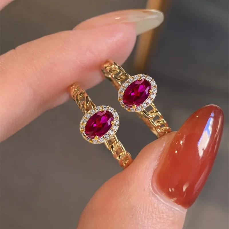 

Timeless 925 Silver Cushion Pigeon Blood Ruby Halo Engagement Band 18K Yellow Gold Filled Twisted Chain Rings For Women Jewelry