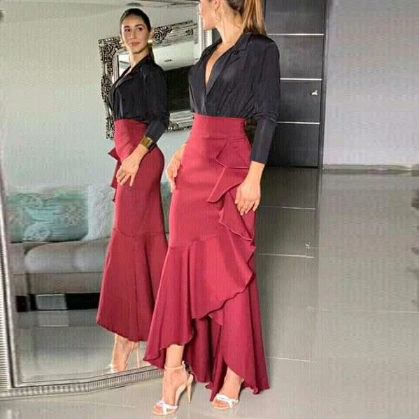 Dark Red Skirts For Lady To Birthday Party Ruffles Satin Skirt New Fashion High Waist Saias  High Low Maxi Skirt