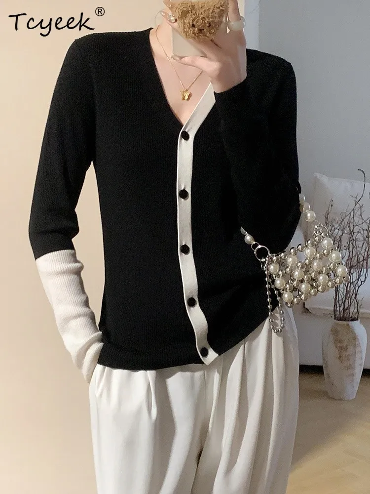 Tcyeek, cárdigans elegantes de mezcla de lana 32,4%, cuello en V de Color de contraste para mujer, chaquetas de punto informales de moda, Otoño Invierno C48142QM