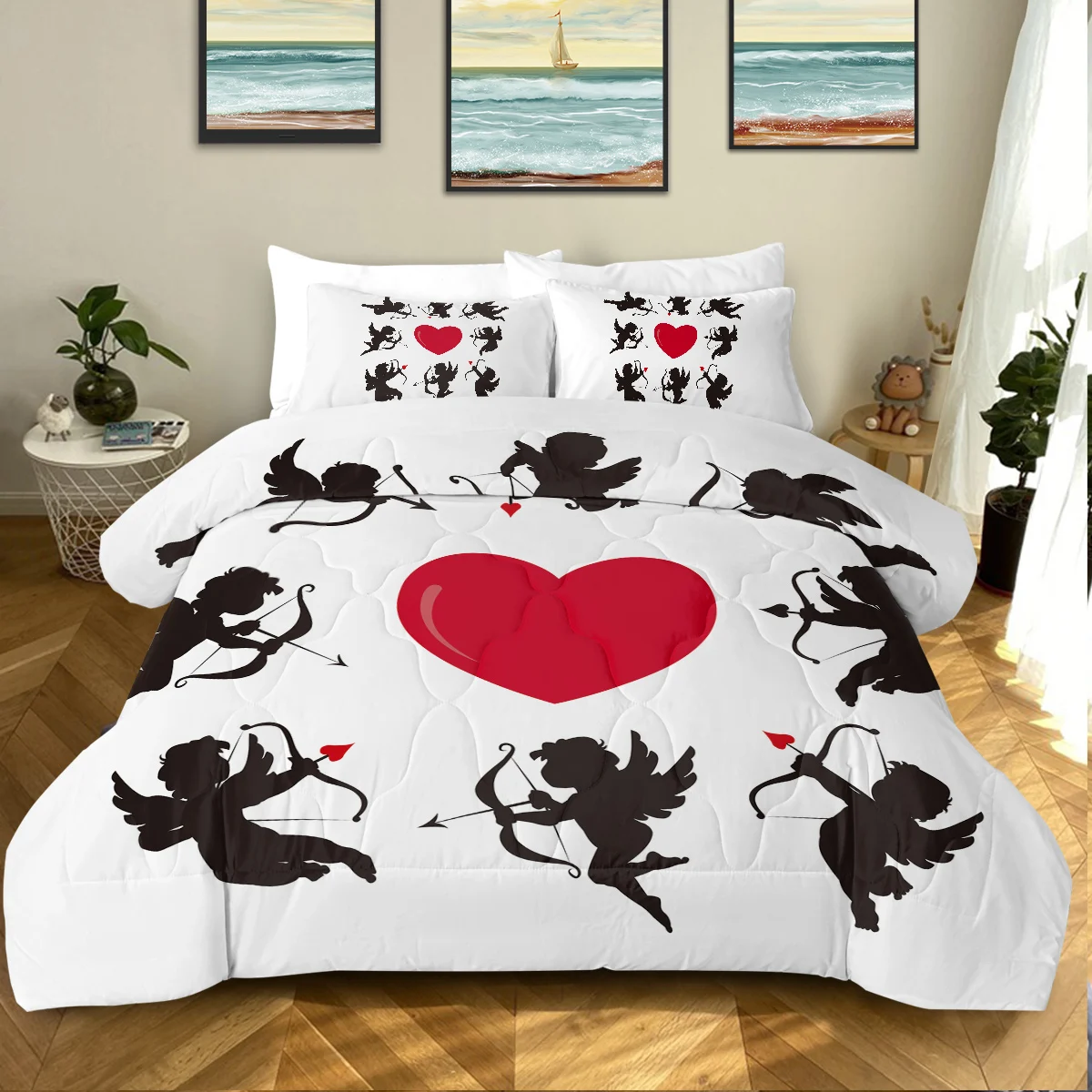 

3 Piece Cartoon Cupid and Big Red Heart Printed Comforter Set Bitcoin Printed Quilt Set Suitable for All Seasons Home Decor